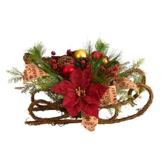 18" Christmas Sleigh with Poinsettia, Berries & Pinecone Artificial Arrangement with Ornaments