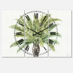 Designart Mixed Botanical Greens Palms IV Farmhouse 3 Panel Wall Clock