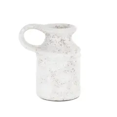 10" White Ceramic Antique Style Textured Vase with Terracotta Accents and Ring Handle