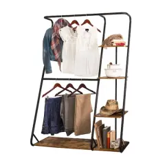 Honey Can Do 68" Freestanding Open Closet Wardrobe with Wood Shelf & Black Metal Frame