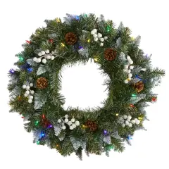 24" LED Snow Tipped Pinecone & White Berry Wreath