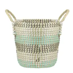 12" Natural Woven Seagrass Basket with Teal, Black & White Accents
