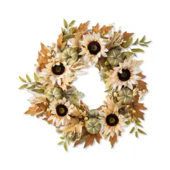 Glitzhome&reg; 24" Fall Neutral Sunflower, Pumpkin and Leaf Wreath