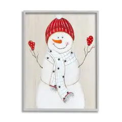 Stupell Industries Seasonal Snowman Smiling Red Hat Framed Giclee Art Gray