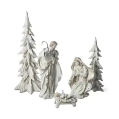 Glitzhome&reg; 5-Piece White & Gold Resin Holy Family with Christmas Trees Set