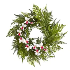 24" Mixed Fern & Dendrobium Orchid Wreath White