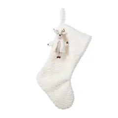 Glitzhome&reg; 21"L White Plush Christmas Stocking with Reindeer Ornament