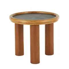23.5" Brown Wood Handmade Round Living Room Coffee Table with Black Tabletop