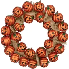 20'' Unlit Jack-O-Lantern and Burlap Ribbon Halloween Wreath