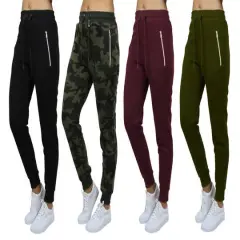 Galaxy by Harvic Women's Relaxed-Fit Fleece-Lined Jogger Sweatpants with Zipper Pockets 4 Pack Black/Woodland/Burgundy/Olive