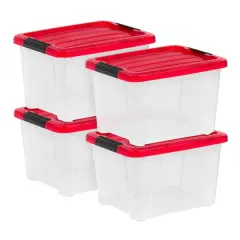 IRIS&reg; 20.5qt. Clear Holiday Storage Boxes with Red Buckle Lids, 4ct.
