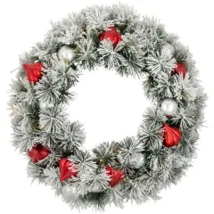 24" Pre-Lit Snowy Bristle Pine Christmas Wreath, Warm White LED Lights
