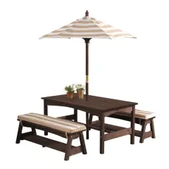 KidKraft Oatmeal & White Stripes Outdoor Table & Bench Set with Cushions & Umbrella