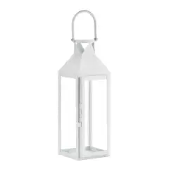 15" Sleek White Metal Manhattan Candle Lantern with Handle