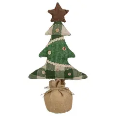 17.5" Tan & Green Rustic Multi-Fabric Standing Christmas Tree Tabletop D&eacute;cor