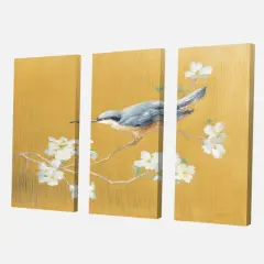 Designart - Gold Bird on Blossoms II - Farmhouse Canvas Artwork