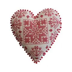 Hello Honey&reg; 17" Red & Natural Embroidered Heart-Shaped Throw Pillow with Pom Pom Trim