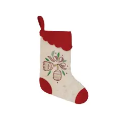 Hello Honey&reg; 17.5" Red & White Wool Felt Stocking with Embroidered Bells & Red Scalloped Trim