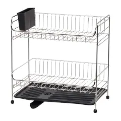 IRIS&reg; 15.75" Stainless Steel 2-Tier Dish Rack Black