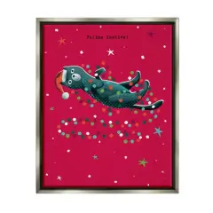 Stupell Industries Feline Festive Christmas Cat Black Framed Floater Canvas Wall Art Gray