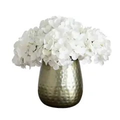 11" White Hydrangea Arrangement in Gold Metal Vase