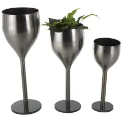 Silver Wine Glass Inspired Metal Planter Set