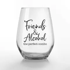 15oz. Friends & Alcohol the Perfect Combo Printed Stemless Wine Glass
