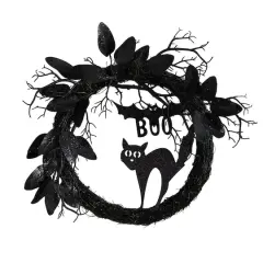 22" Halloween Black Cat & Bat Boo Twig Wreath