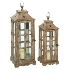 Set of 2" Brown Wood Rustic Lantern, 33", 27"