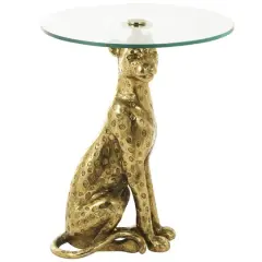 25" Gold Aluminum Leopard Spotted Sitting Accent Table with Glass Tabletop