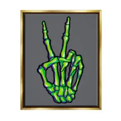 Stupell Industries Green Skeleton Peace Hand Framed Floater Canvas Wall Art