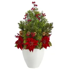 2.5ft. Poinsettia, Boxwood & Succulent Arrangement in White Vase