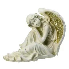12" Distressed Ivory & Golden Mosaic Glass Winged Resting Angel Outdoor Garden Statue