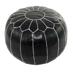 24" Black Leather Moroccan Floral Pouf with White Stitching