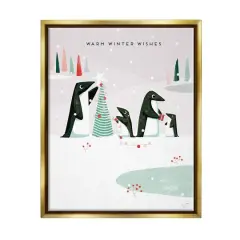 Stupell Industries Warm Winter Wishes Snowy Penguins Framed Floater Canvas Wall Art Gold