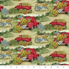 Susan Winget Red Truck & Bicycles Cotton Fabric