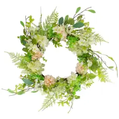 28" Green & Pink Hydrangea & Fern Spring Floral Berry Wreath
