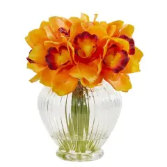 9" Boat Orange Orchid Arrangement in Glass Vase