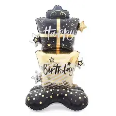 Wizardi Black & Gold Happy Birthday Gifts Standing Foil Balloon Decoration