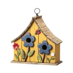 Glitzhome&reg; 10.5" Yellow Distressed Wood Birdhouse with Flowers