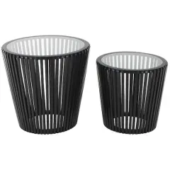 Black Wood Cage Inspired Accent Table with Clear Glass Tabletop Set