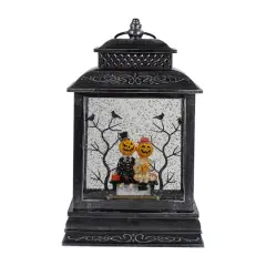 11.5" Black Lighted Halloween Snow Globe Lantern With Pumpkin Couple