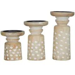 Light Brown Wood Carved Dotted Pillar Candle Holder Set