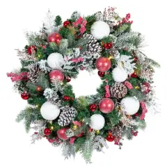 Village Lighting 30" Pre-Lit Frosted Wonderland Christmas Wreath, Red & Clear LED Lights
