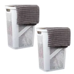 Mind Reader 60L Ventilated Slim Laundry Hamper with Cut Out Handles & Hinged Lid, 2ct. White