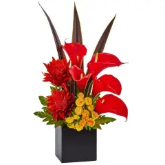 22.5" Red & Orange Tropical Floral & Calla Lily Mixed Arrangement in Vase