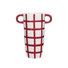 Hello Honey&reg; 8.25" Hand-Painted Red & White Grid Stoneware Container with Handles