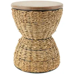 19" Rattan Woven Stool with Wood Tabletop and Black Frame Medium Brown