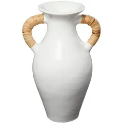 21" White Ceramic Jug Vase with Rattan Wrapped Handles