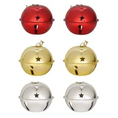 Haute Decor 6ct. 4.7" Shiny Gold, Silver & Red Nesting Jingle Bell Ornaments